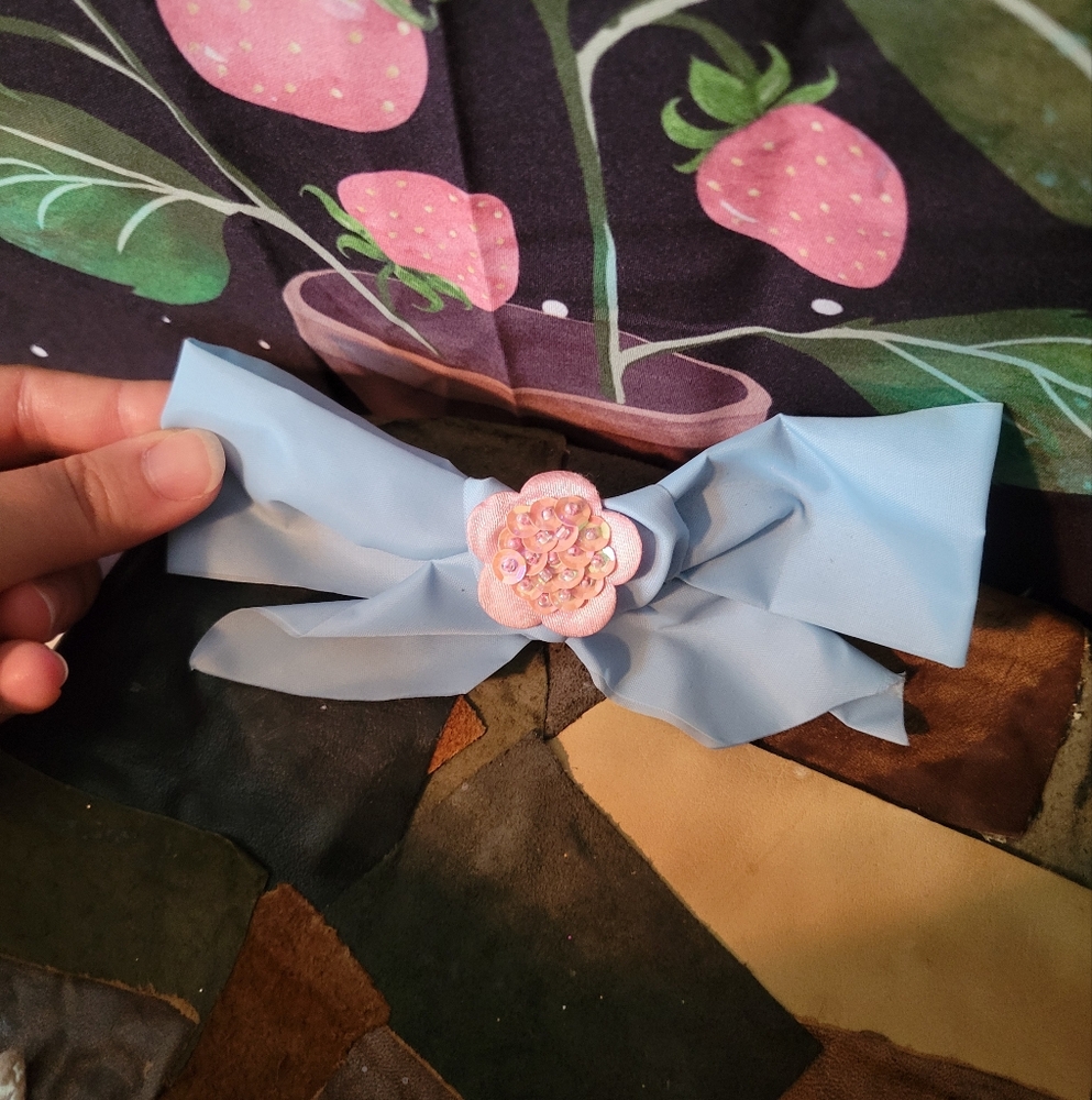 Pastel Blue Ribbon Pink Flower Barrette! Handmade!